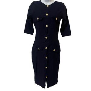 Renata Simonceles Women's Navy Crew Neck Midi Dress Gold Buttons Small